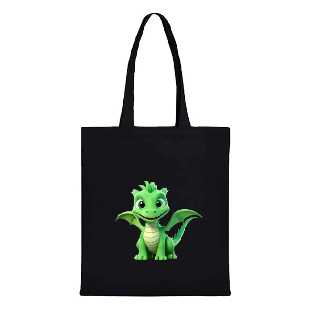 Black Canvas Tote Bag With Dinosaur Print