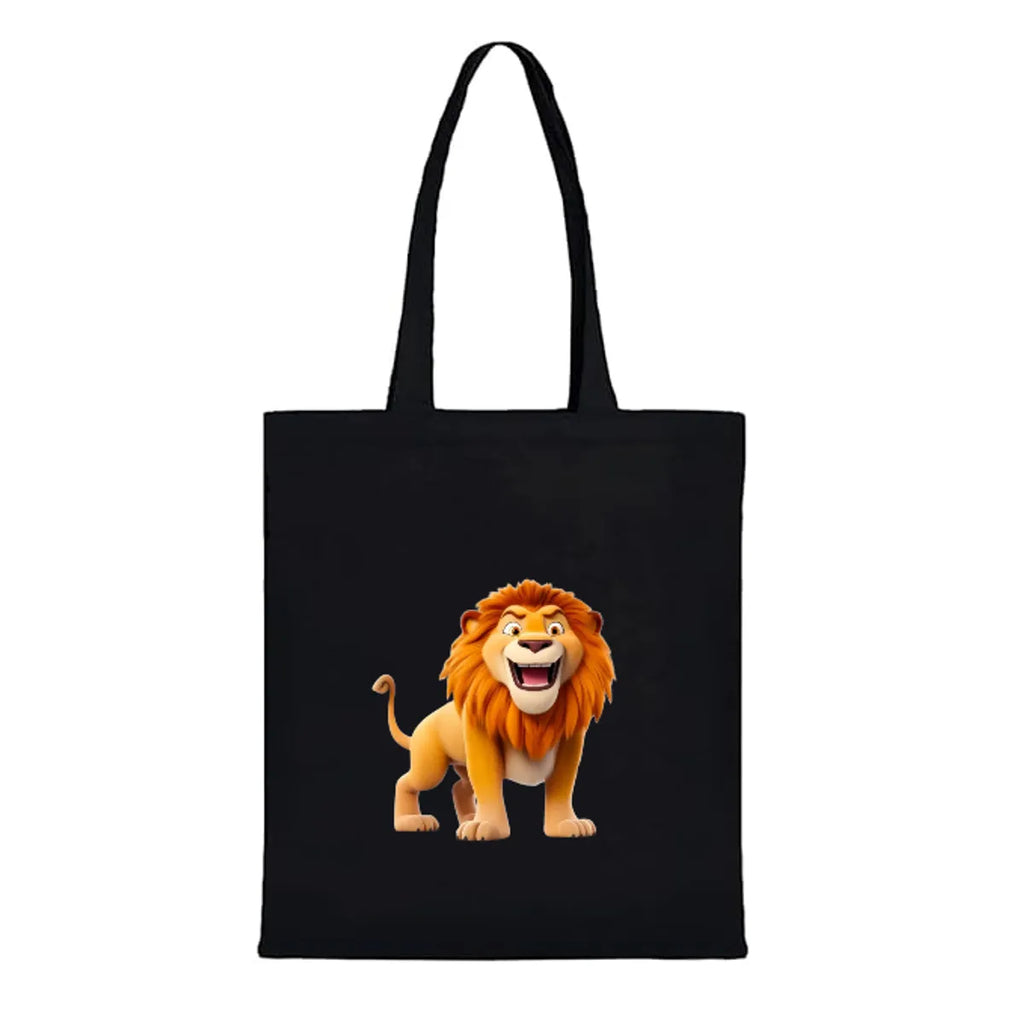 Black Canvas Tote Bag With Lion Print