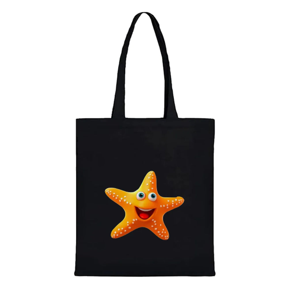 Black Canvas Tote Bag With Starfish Print