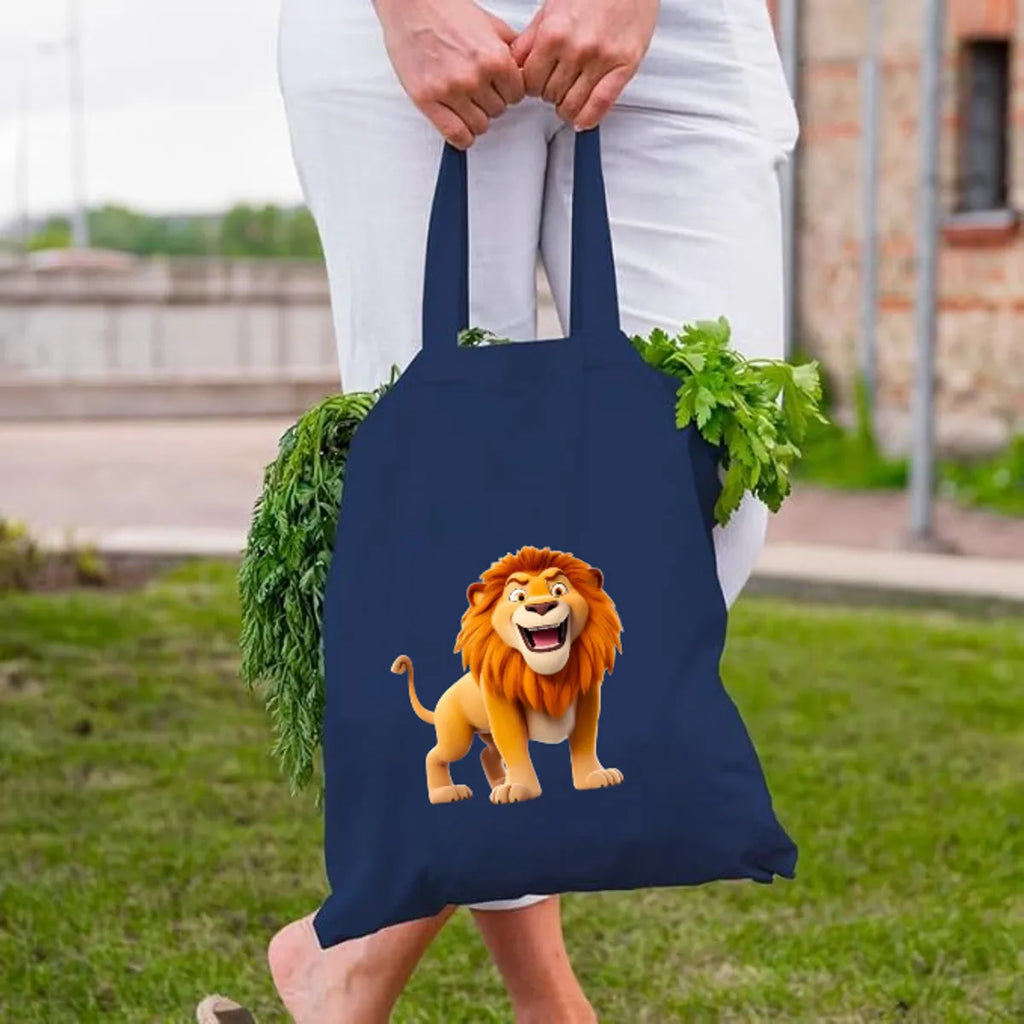 Blue Canvas Tote Bag With Lion Print