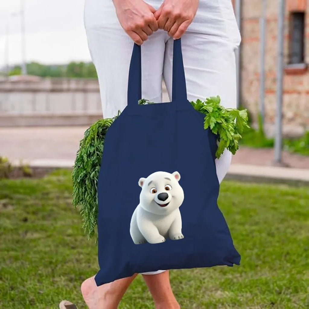 Blue Canvas Tote Bag With Polar Bear Print
