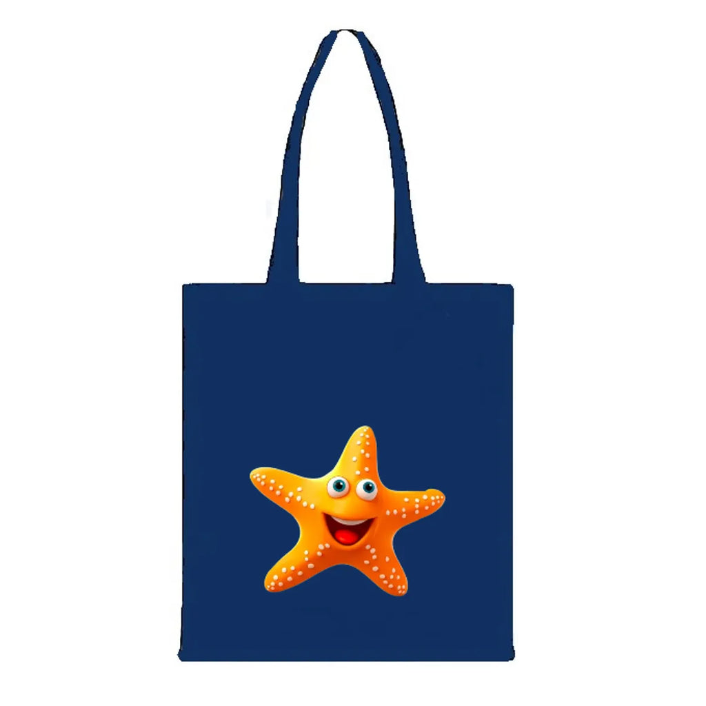 Blue Canvas Tote Bag With Starfish Print