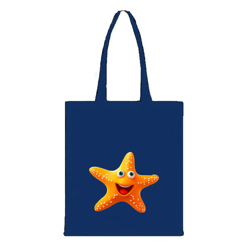 Blue Canvas Tote Bag With Starfish Print