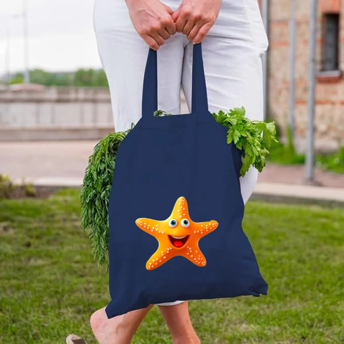 Blue Canvas Tote Bag With Starfish Print