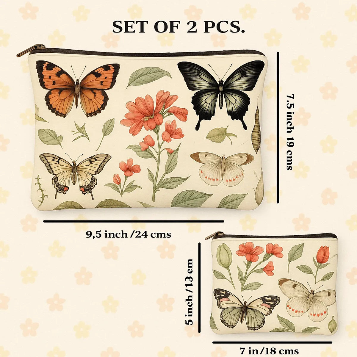 Botanical Butterfly Print Cosmetic Bags Set, 2 Pieces, Cream Canvas with Floral Pattern, Large 24x19cm and Small 18x13cm Pouches, Vintage Nature Theme