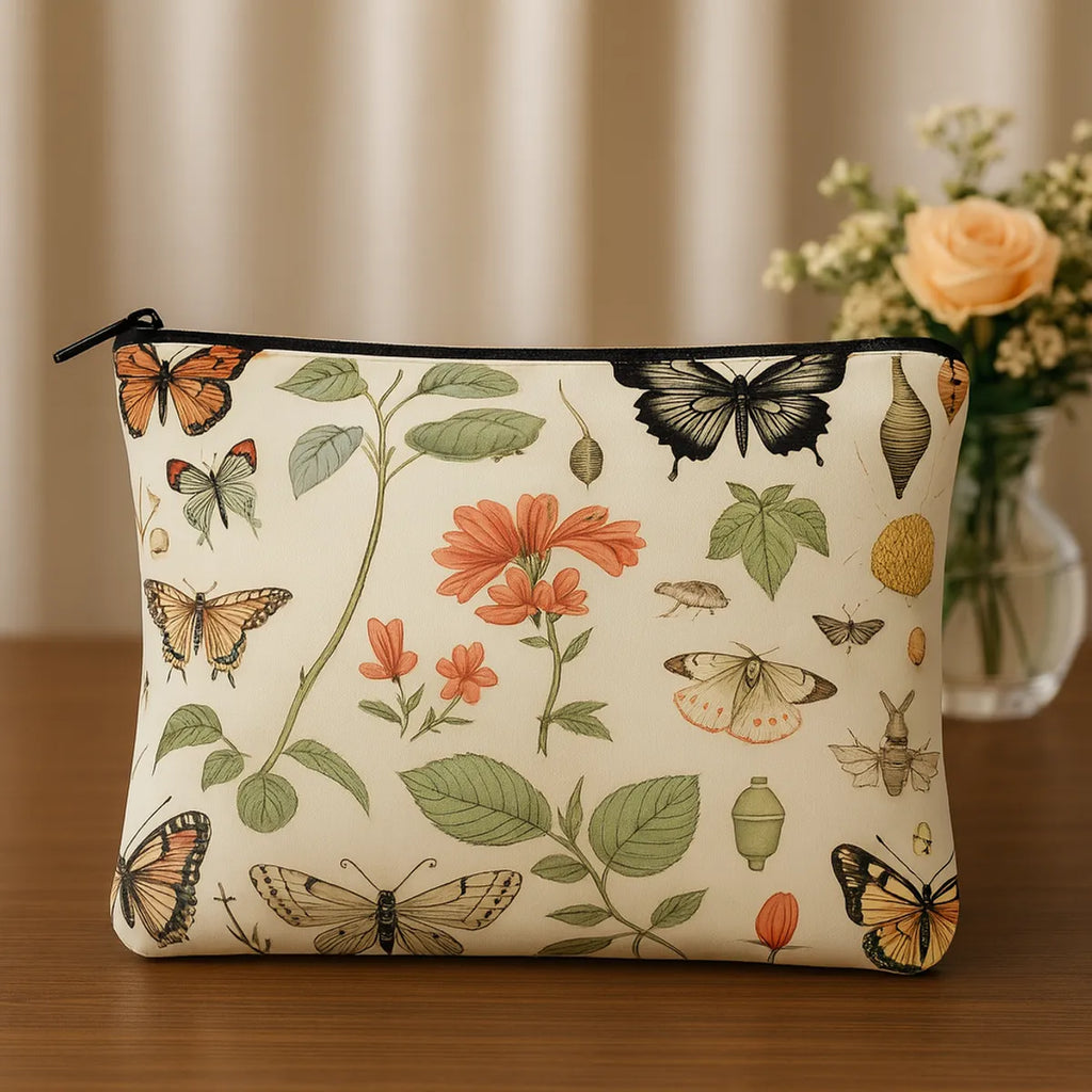Botanical Butterfly Print Cosmetic Bags Set, 2 Pieces, Cream Canvas with Floral Pattern, Large 24x19cm and Small 18x13cm Pouches, Vintage Nature Theme