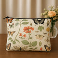 Botanical Butterfly Print Cosmetic Bags Set, 2 Pieces, Cream Canvas with Floral Pattern, Large 24x19cm and Small 18x13cm Pouches, Vintage Nature Theme