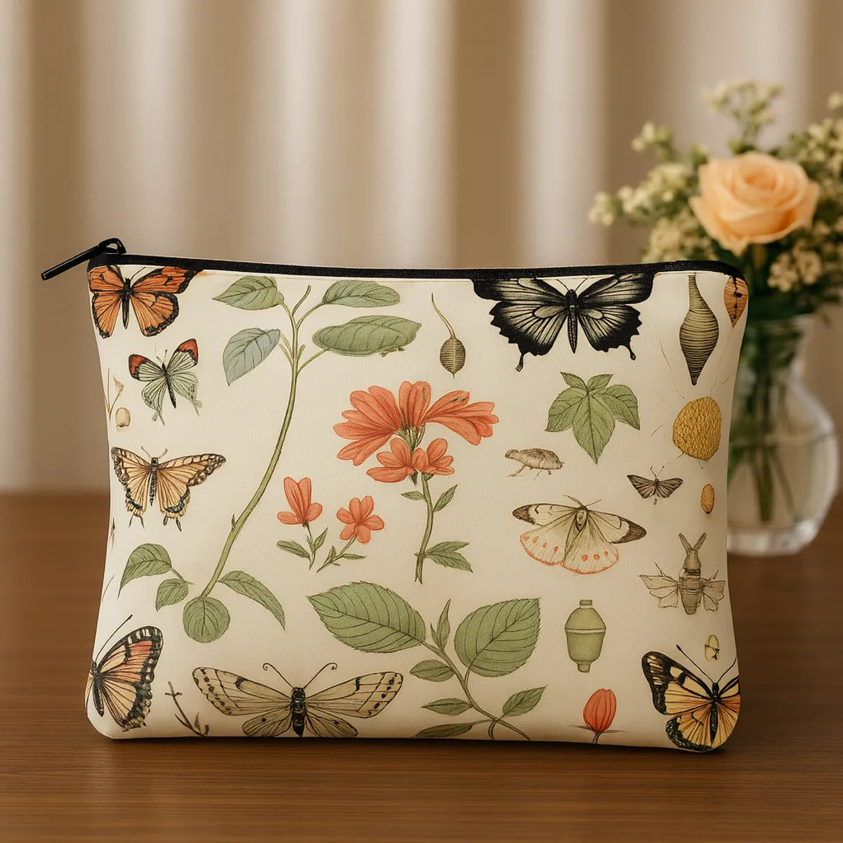 Botanical Butterfly Print Cosmetic Bags Set, 2 Pieces, Cream Canvas with Floral Pattern, Large 24x19cm and Small 18x13cm Pouches, Vintage Nature Theme