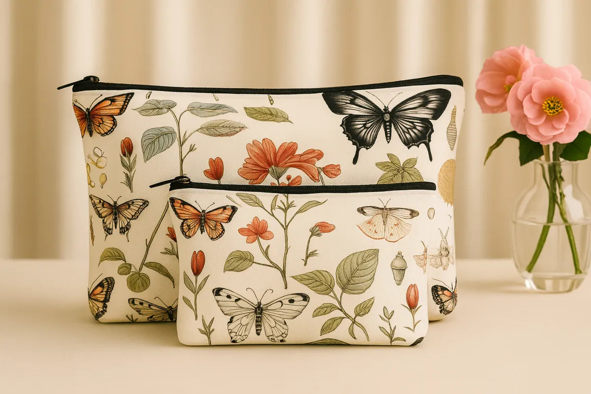 Botanical Butterfly Print Cosmetic Bags Set, 2 Pieces, Cream Canvas with Floral Pattern, Large 24x19cm and Small 18x13cm Pouches, Vintage Nature Theme