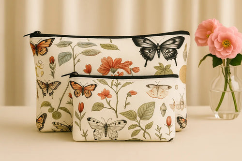 Botanical Butterfly Print Cosmetic Bags Set, 2 Pieces, Cream Canvas with Floral Pattern, Large 24x19cm and Small 18x13cm Pouches, Vintage Nature Theme