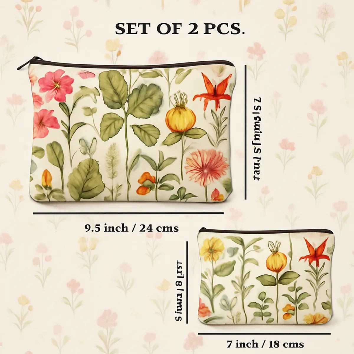 Botanical Floral Print Makeup Bags Set of 2, Zipper Pouches, Pink Yellow Orange Flowers, 24 cm and 18 cm Travel Cosmetic Organizers