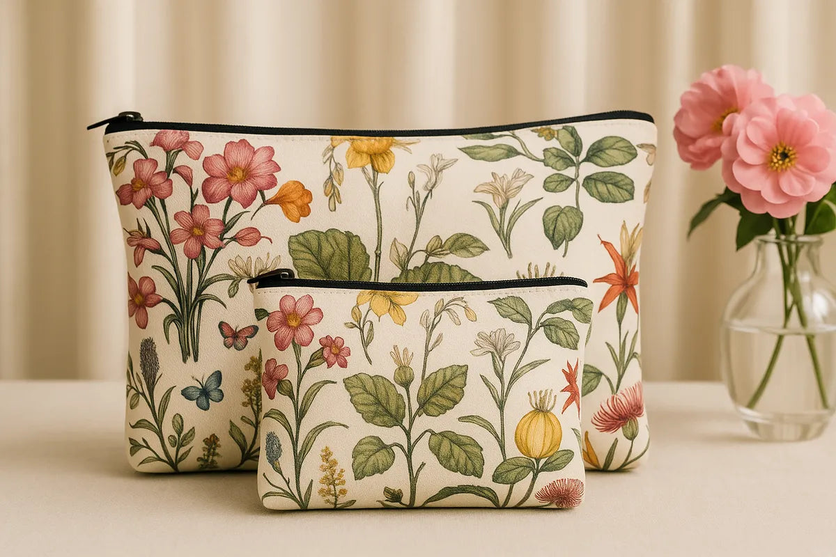 Botanical Floral Print Makeup Bags Set of 2, Zipper Pouches, Pink Yellow Orange Flowers, 24 cm and 18 cm Travel Cosmetic Organizers