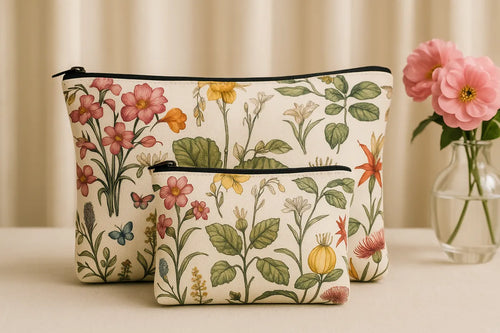 Botanical Floral Print Makeup Bags Set of 2, Zipper Pouches, Pink Yellow Orange Flowers, 24 cm and 18 cm Travel Cosmetic Organizers