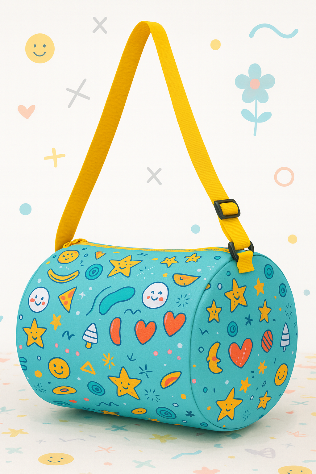 Kids Duffle Bag with Fun Pattern, Turquoise Blue with Stars and Hearts, Yellow Adjustable Strap