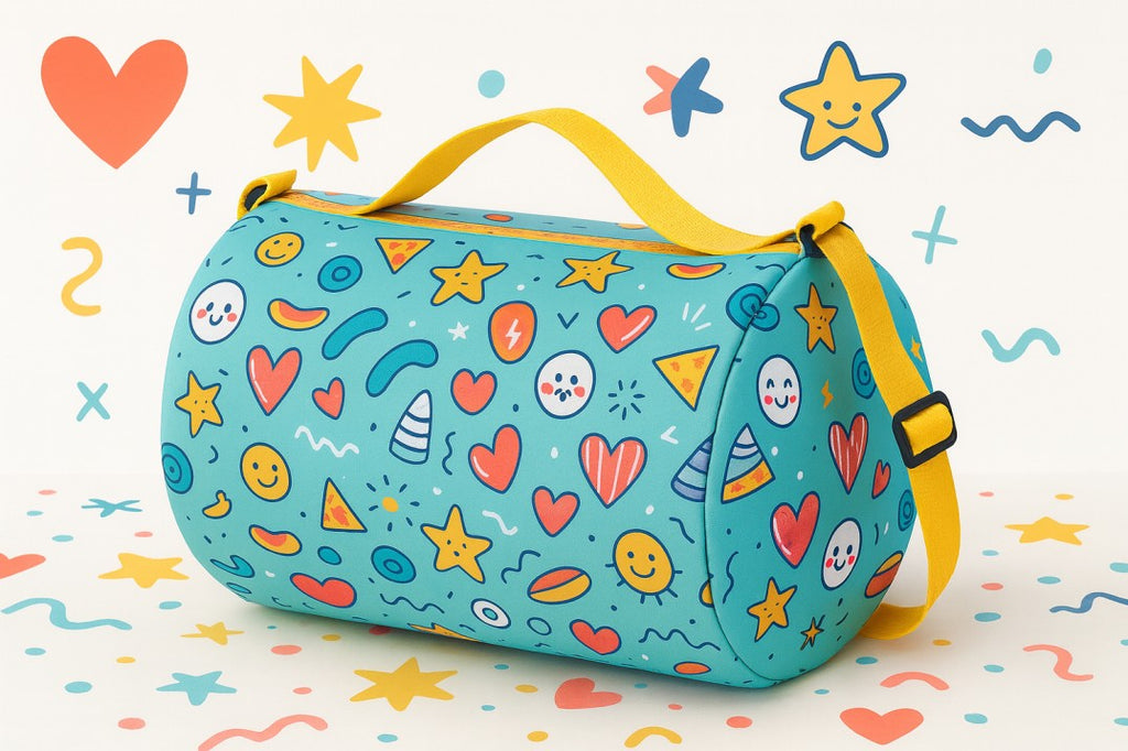 Kids Duffle Bag with Fun Pattern, Turquoise Blue with Stars and Hearts, Yellow Adjustable Strap