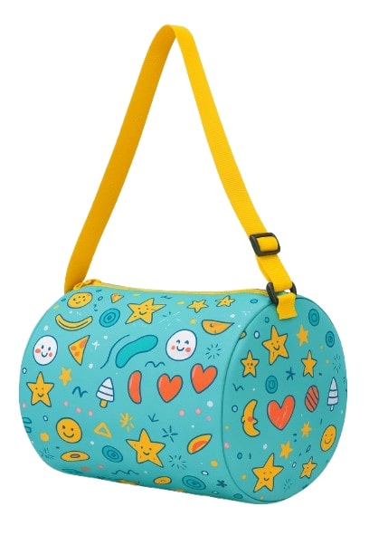 Kids Duffle Bag with Fun Pattern, Turquoise Blue with Stars and Hearts, Yellow Adjustable Strap