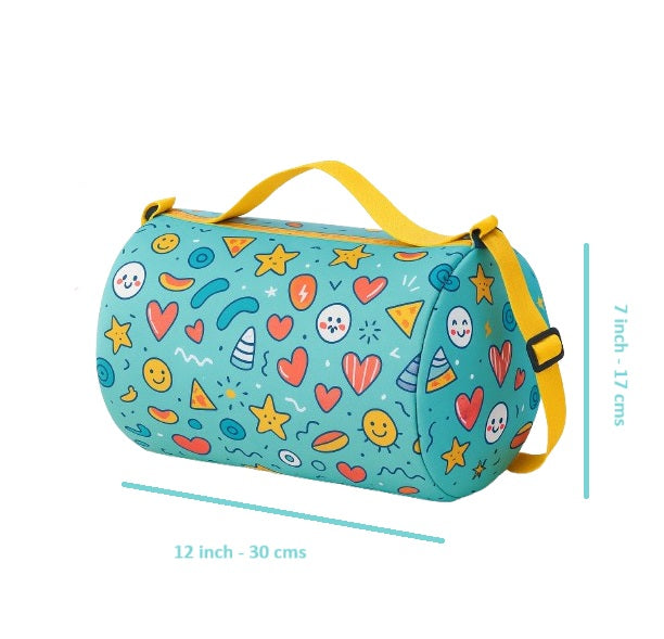 Kids Duffle Bag with Fun Pattern, Turquoise Blue with Stars and Hearts, Yellow Adjustable Strap