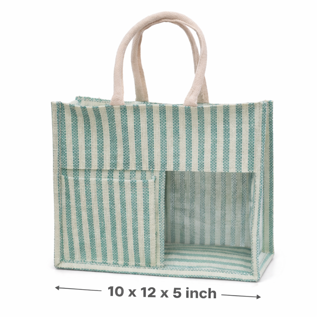 Green & White Striped Premium Jute Bag - “Elevated gifting, naturally.” (Pack of 2)