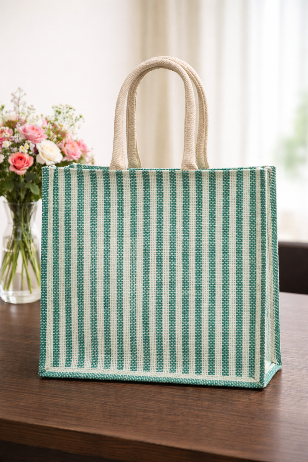 Green & White Striped Premium Jute Bag - “Elevated gifting, naturally.” (Pack of 2)