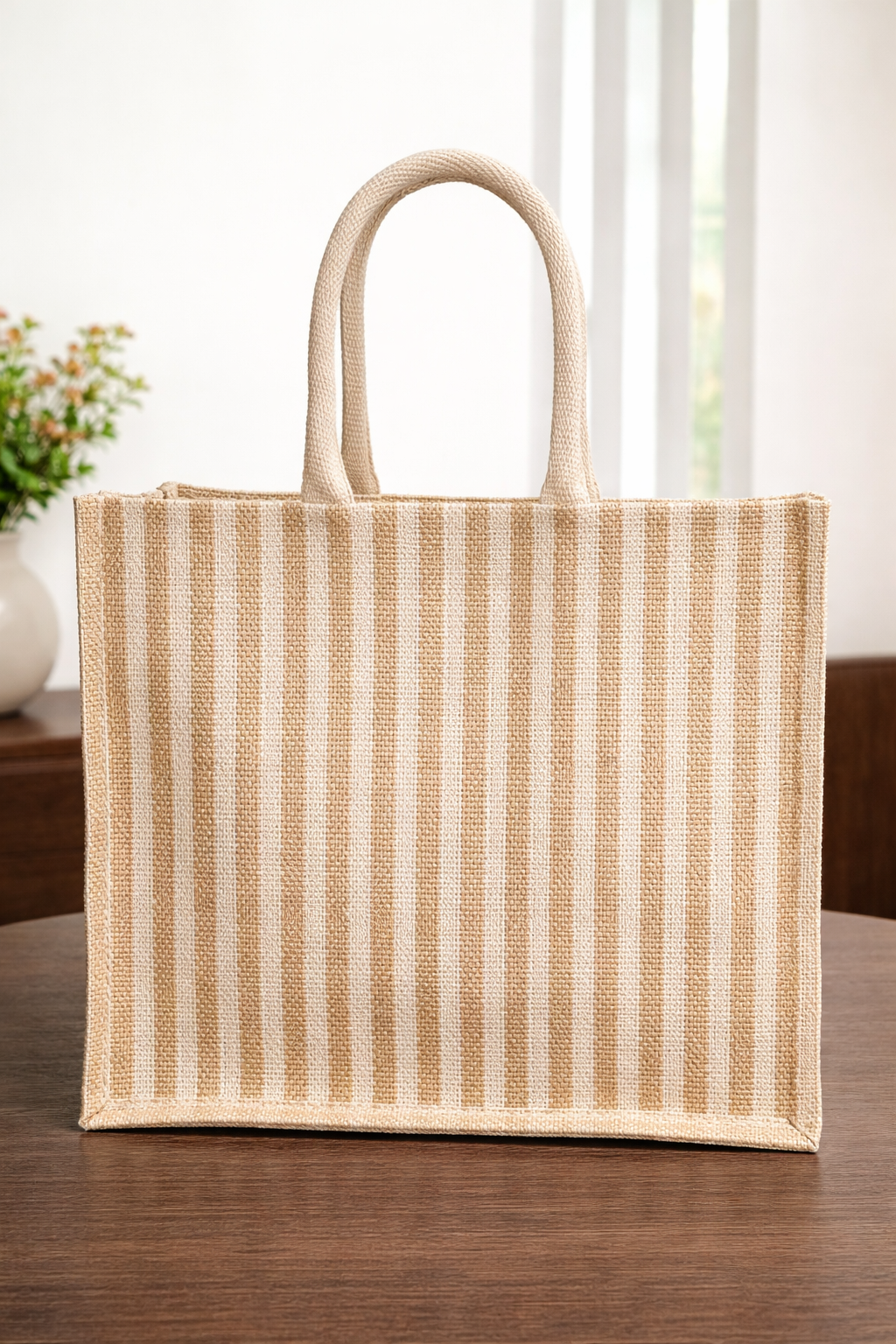Beige & White Striped Premium Jute Bag - “Elevated gifting, naturally.” (Pack of 2)