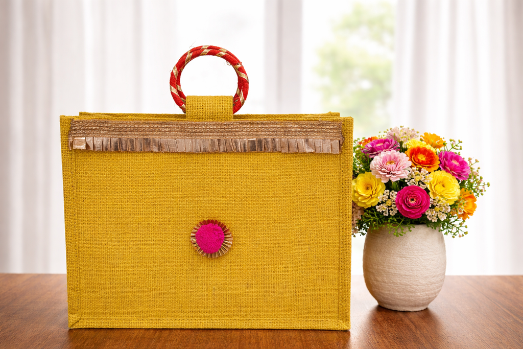 Festive Jute Gift Bag – Yellow with Gold Detailing (Pack of 2)