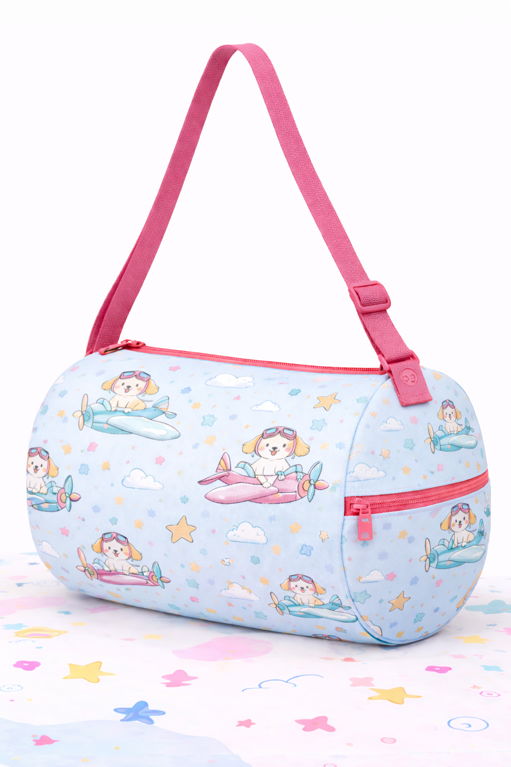 Kids Duffel Bag Light Blue with Puppy Airplane Print