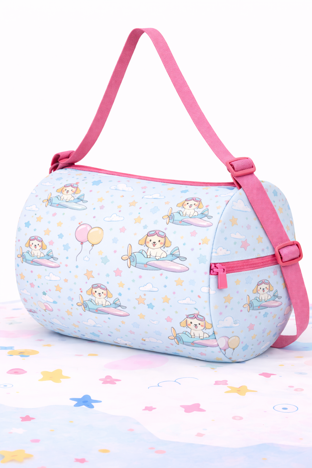 Kids Duffel Bag Light Blue with Puppy Airplane Print