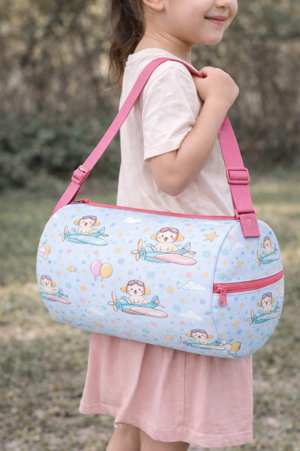 Kids Duffel Bag Light Blue with Puppy Airplane Print