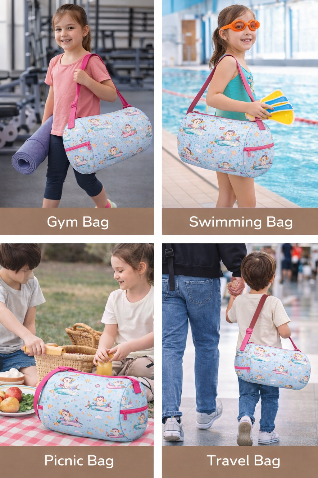 Kids Duffel Bag Light Blue with Puppy Airplane Print