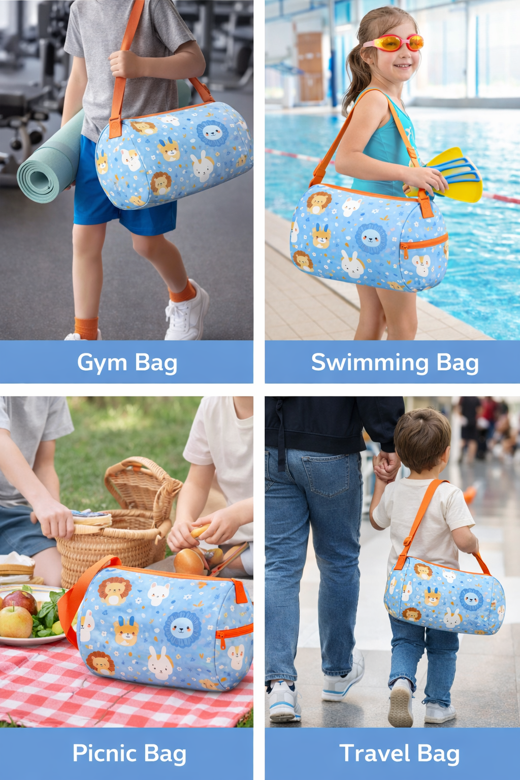 Kids Duffel Bag, Blue Animal Print