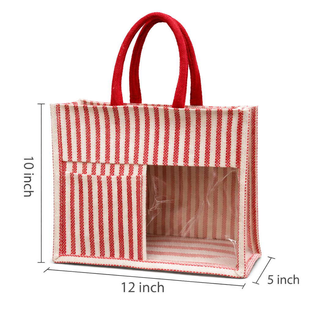Red & White Striped Premium Jute Bag - “Elevated gifting, naturally.” (Pack of 2)