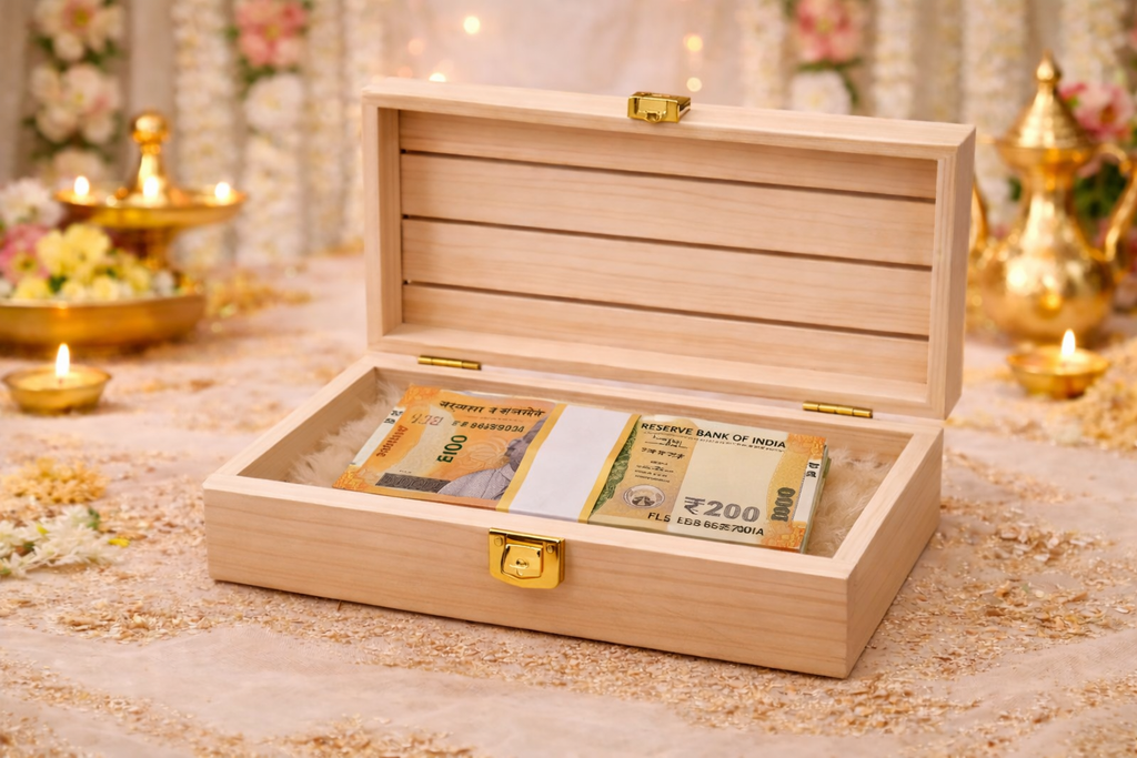 Wedding Fancy Shagun Cash and Money Gaddi Box - Handcrafted Wooden Gift Box – Festive Edition