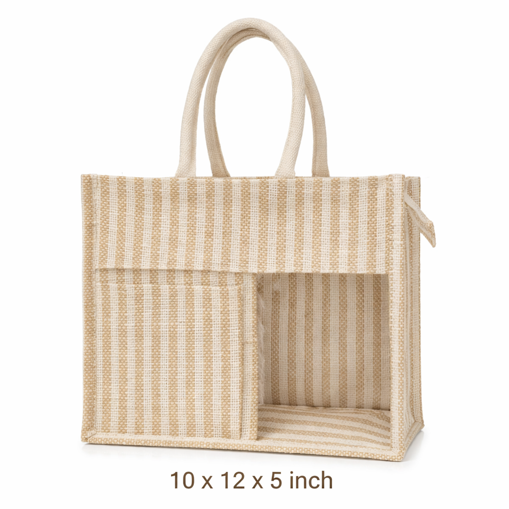 Beige & White Striped Premium Jute Bag - “Elevated gifting, naturally.” (Pack of 2)