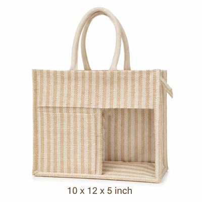Beige & White Striped Premium Jute Bag - “Elevated gifting, naturally.” (Pack of 2)