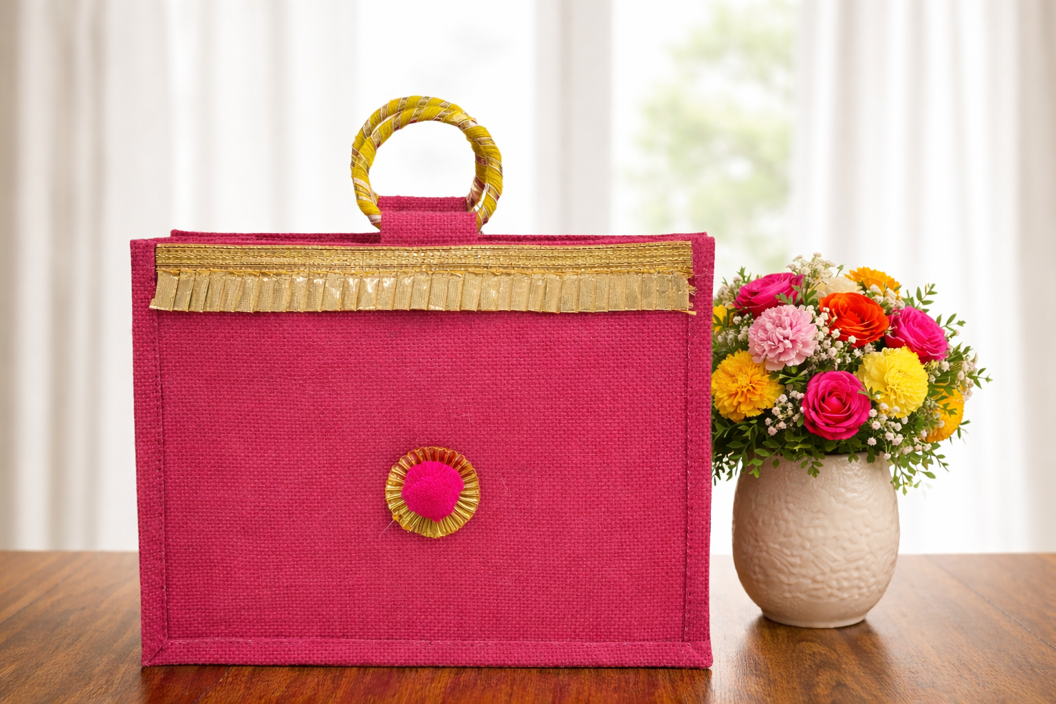 Festive Jute Gift Bag – Pink with Gold Detailing (Pack of 2)