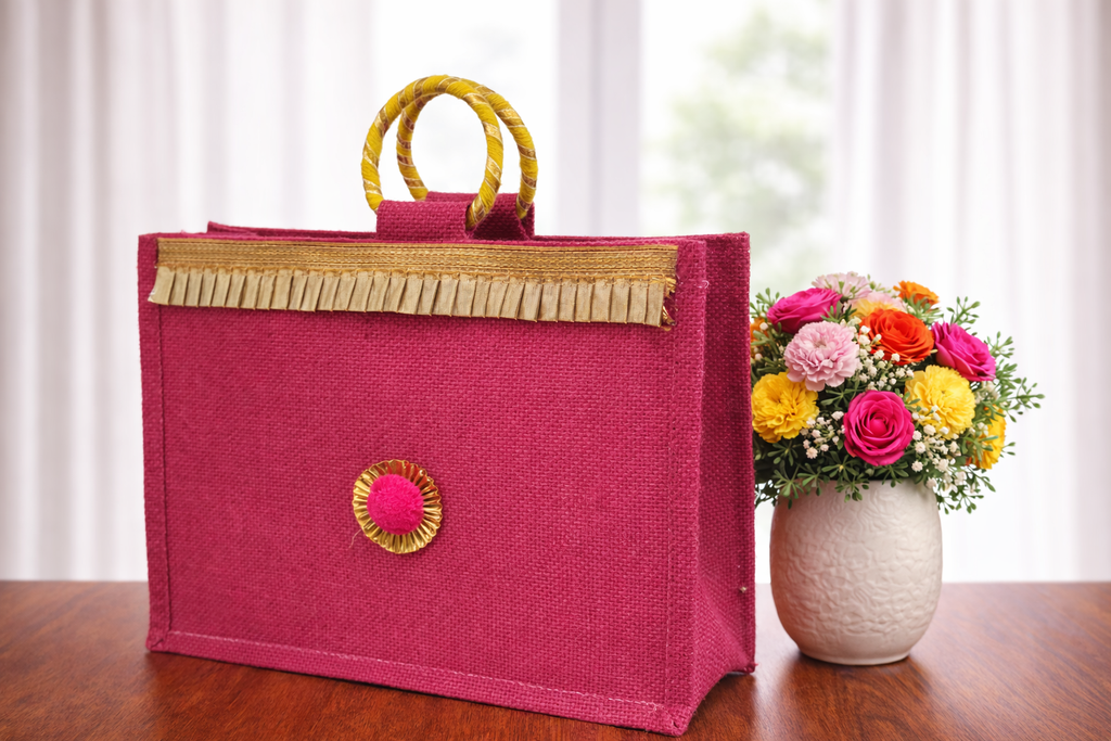 Festive Jute Gift Bag – Pink with Gold Detailing (Pack of 2)
