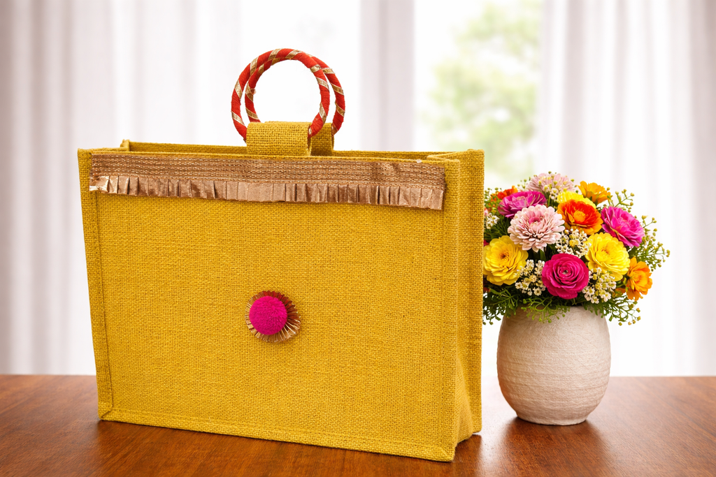 Festive Jute Gift Bag – Yellow with Gold Detailing (Pack of 2)