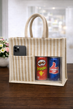 Beige & White Striped Premium Jute Bag - “Elevated gifting, naturally.” (Pack of 2)