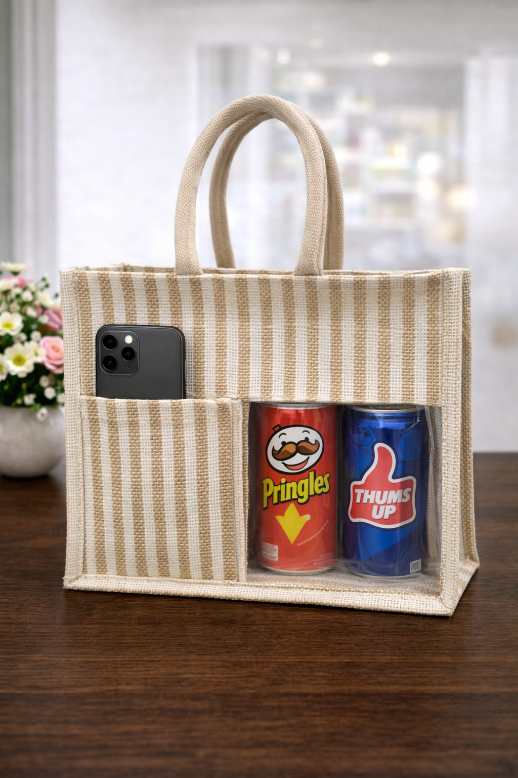 Beige & White Striped Premium Jute Bag - “Elevated gifting, naturally.” (Pack of 2)