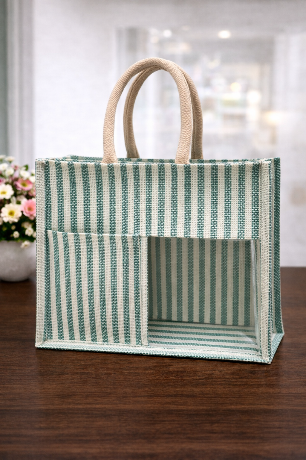 Green & White Striped Premium Jute Bag - “Elevated gifting, naturally.” (Pack of 2)