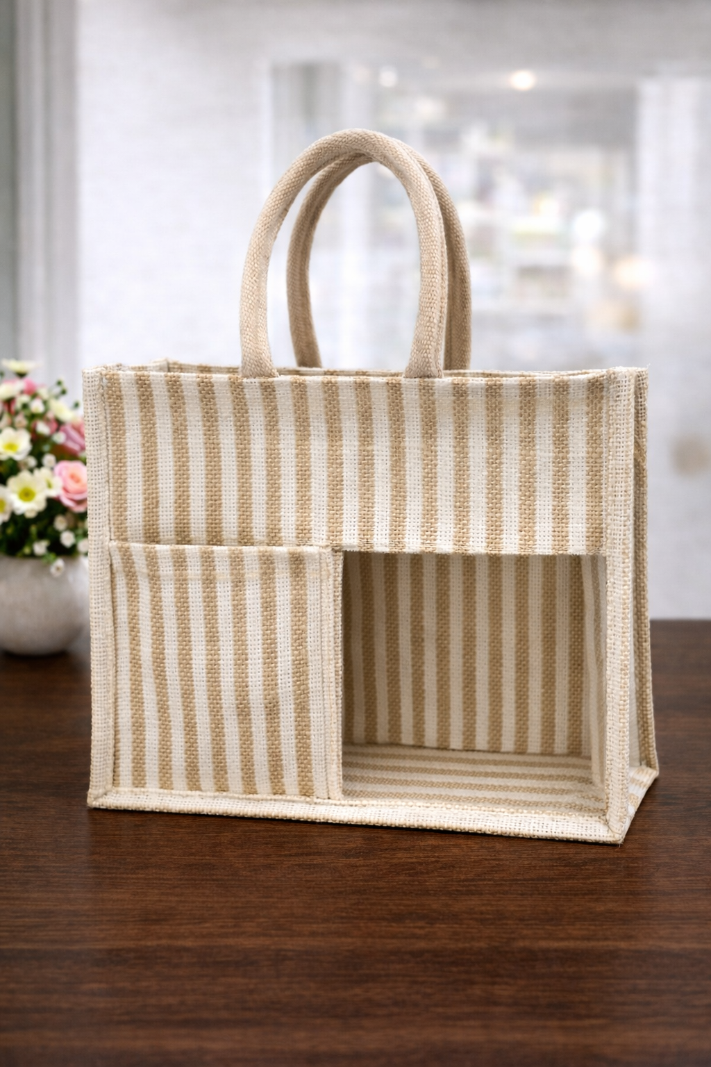 Beige & White Striped Premium Jute Bag - “Elevated gifting, naturally.” (Pack of 2)