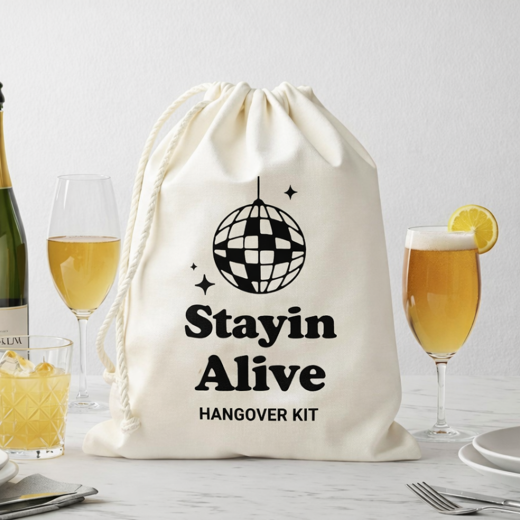 Funny Favor Bags for Wedding, Shower, Bachelorette -Stayin Alive Hangover Kit bags, Drawstring Bag, (Pack of 12)