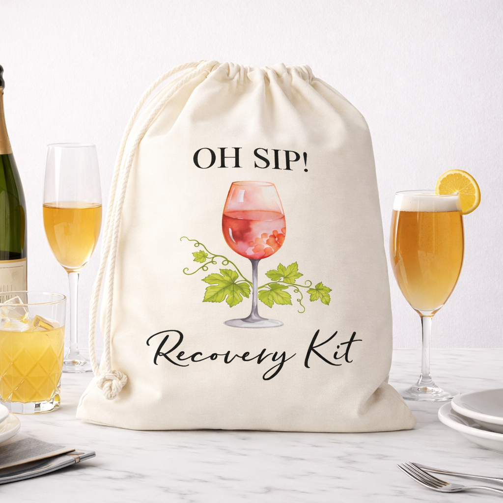 Funny Favor Bags for Wedding, Shower, Bachelorette -Chic Red Hangover Kit bags, Drawstring Bag, (Pack of 12)