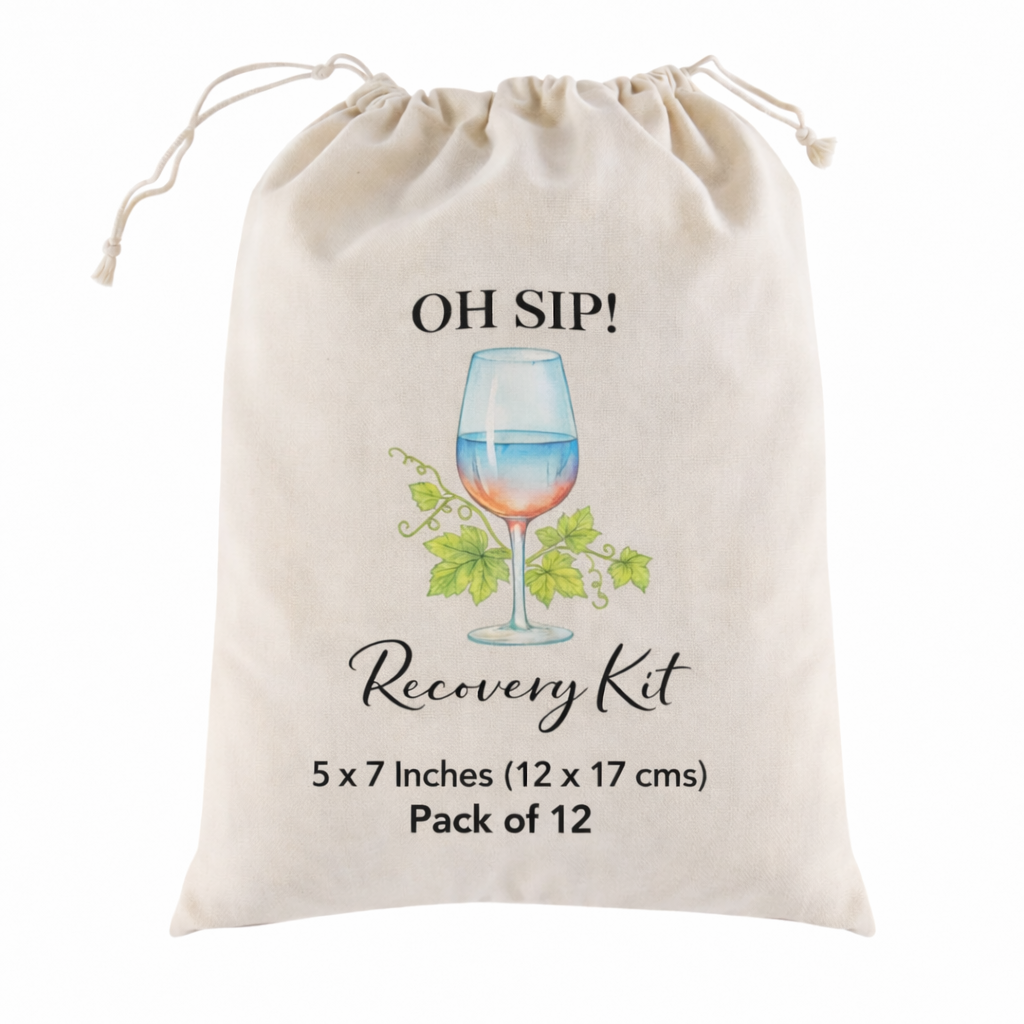 Funny Favor Bags for Wedding, Shower, Bachelorette - Hangover Kit bags,🥂 OH SIP! Recovery Kit Drawstring Bag, (Pack of 12)