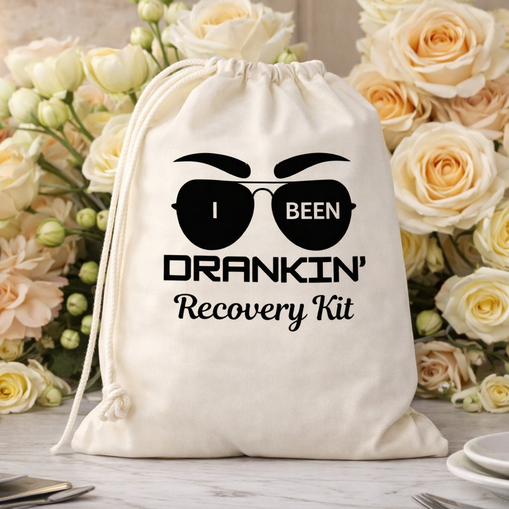 Funny Favor Bags for Wedding, Shower, Bachelorette - I Been Drankin Hangover Kit bags, Drawstring Bag, (Pack of 12)