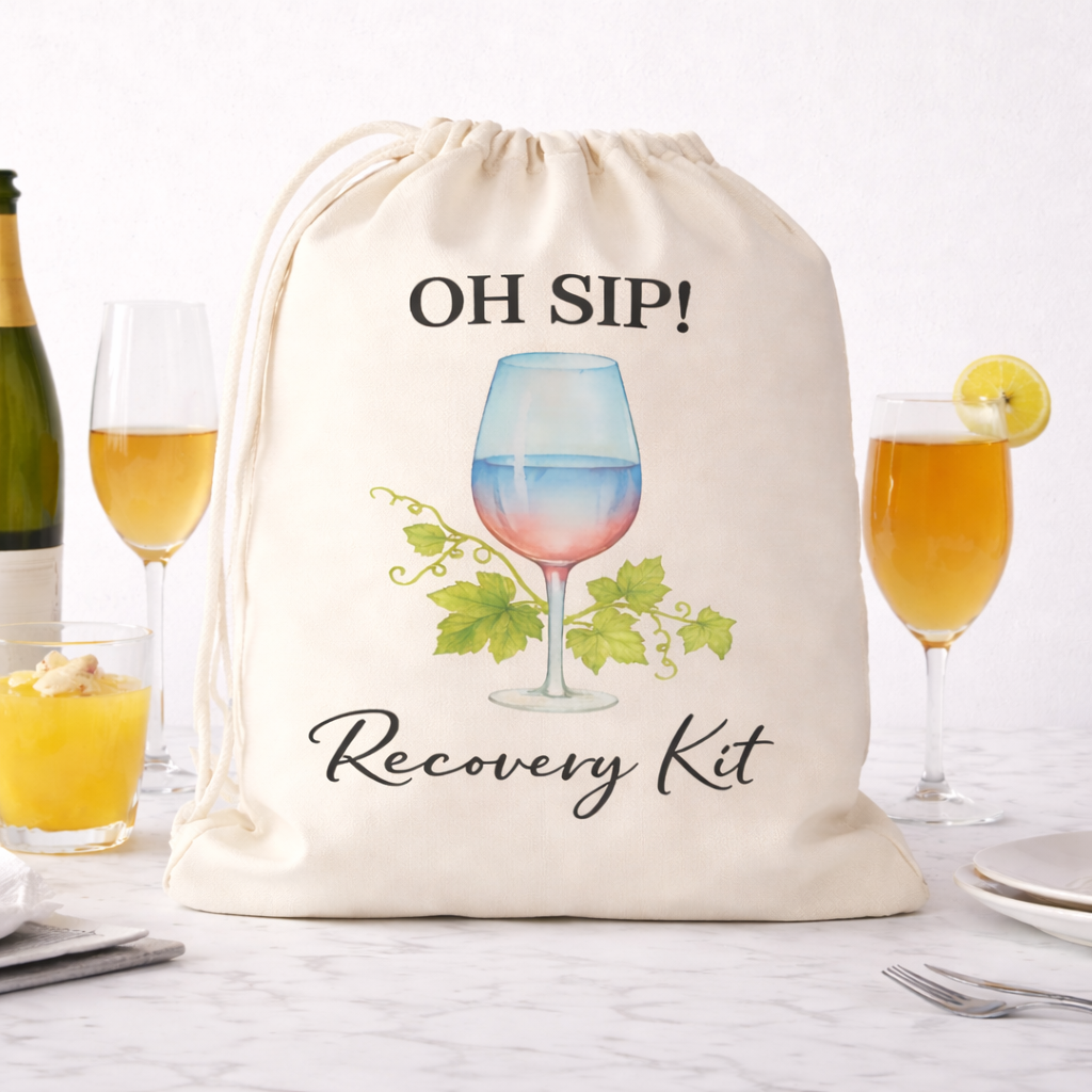 Funny Favor Bags for Wedding, Shower, Bachelorette - Hangover Kit bags,🥂 OH SIP! Recovery Kit Drawstring Bag, (Pack of 12)