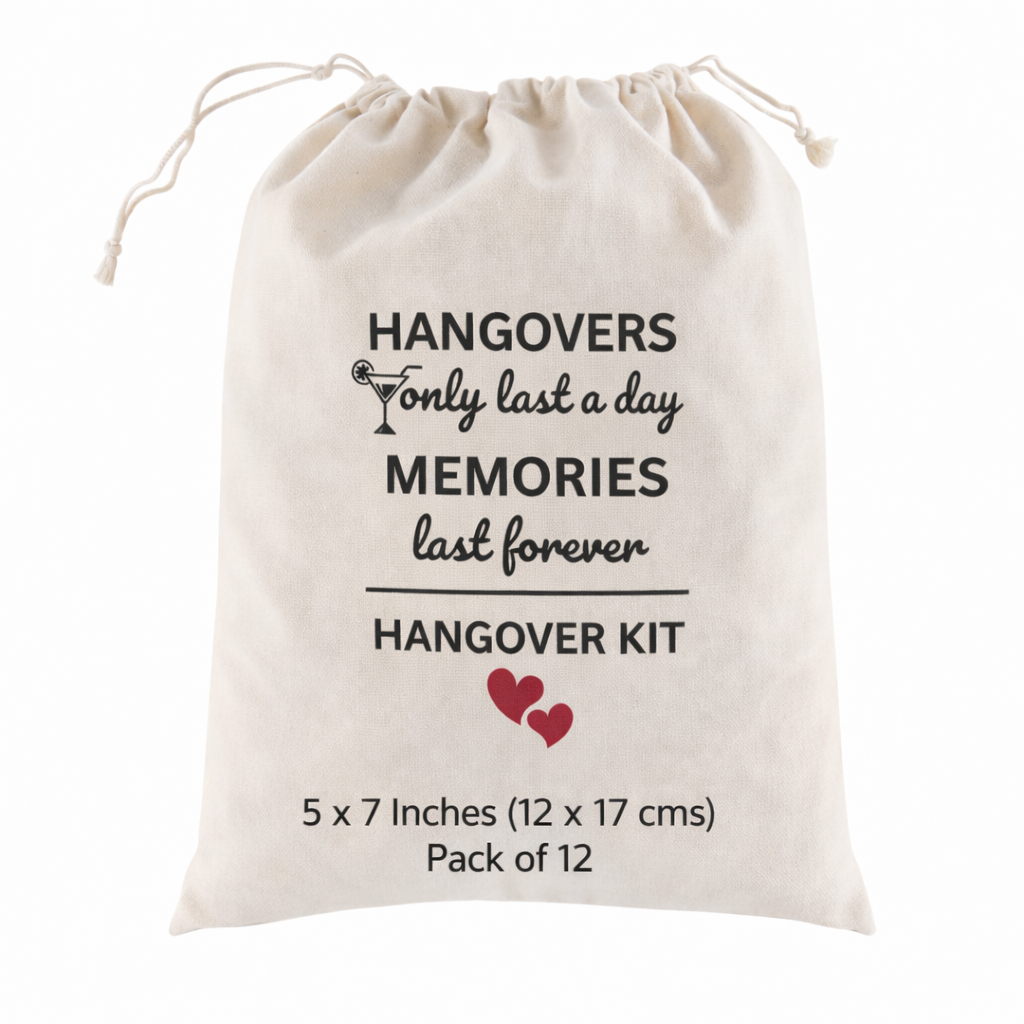 Funny Favor Bags for Wedding, Shower, Bachelorette - Hangovers Only Last a Day Hangover Kit bags, Drawstring Bag, (Pack of 12)