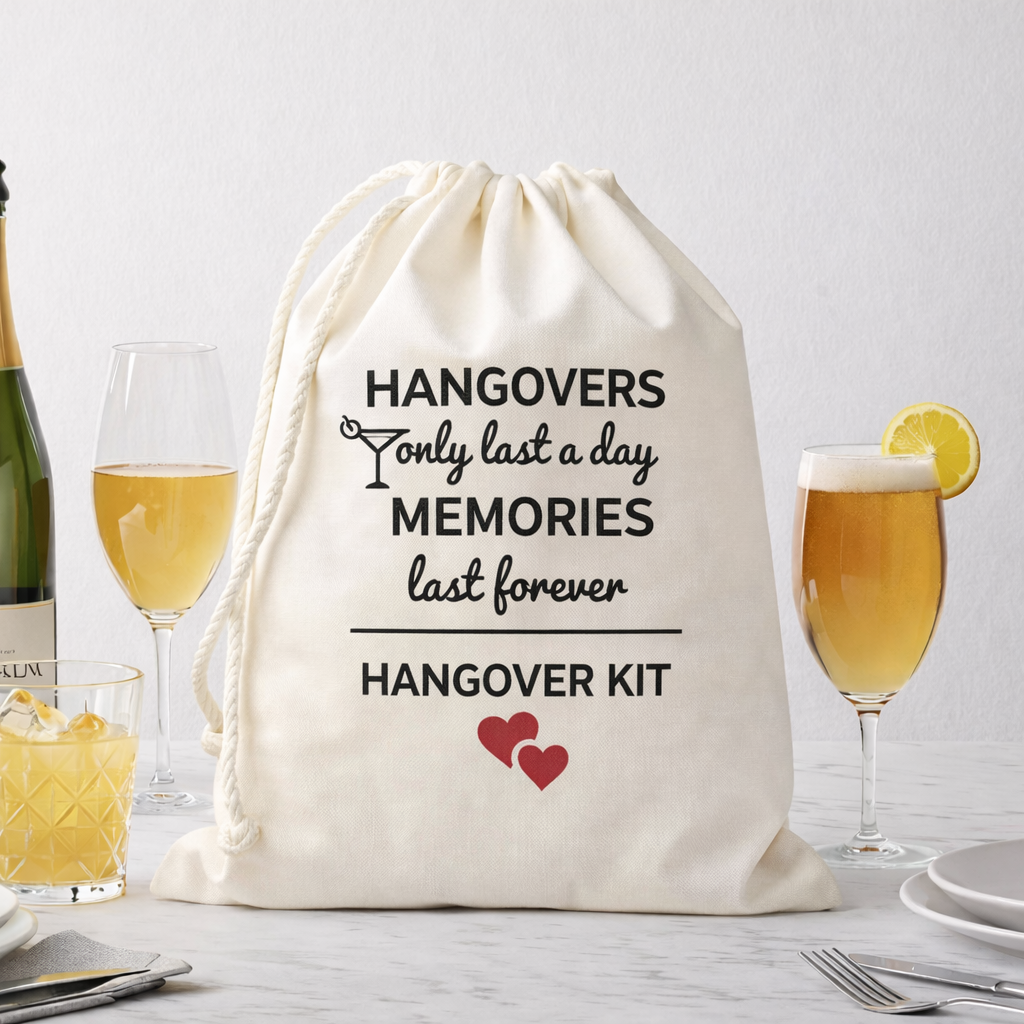 Funny Favor Bags for Wedding, Shower, Bachelorette - Hangovers Only Last a Day Hangover Kit bags, Drawstring Bag, (Pack of 12)