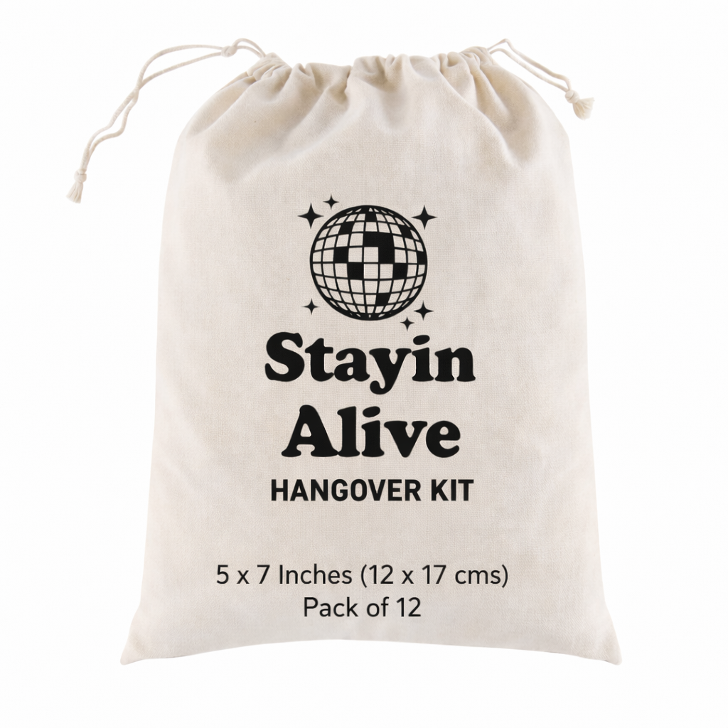 Funny Favor Bags for Wedding, Shower, Bachelorette -Stayin Alive Hangover Kit bags, Drawstring Bag, (Pack of 12)