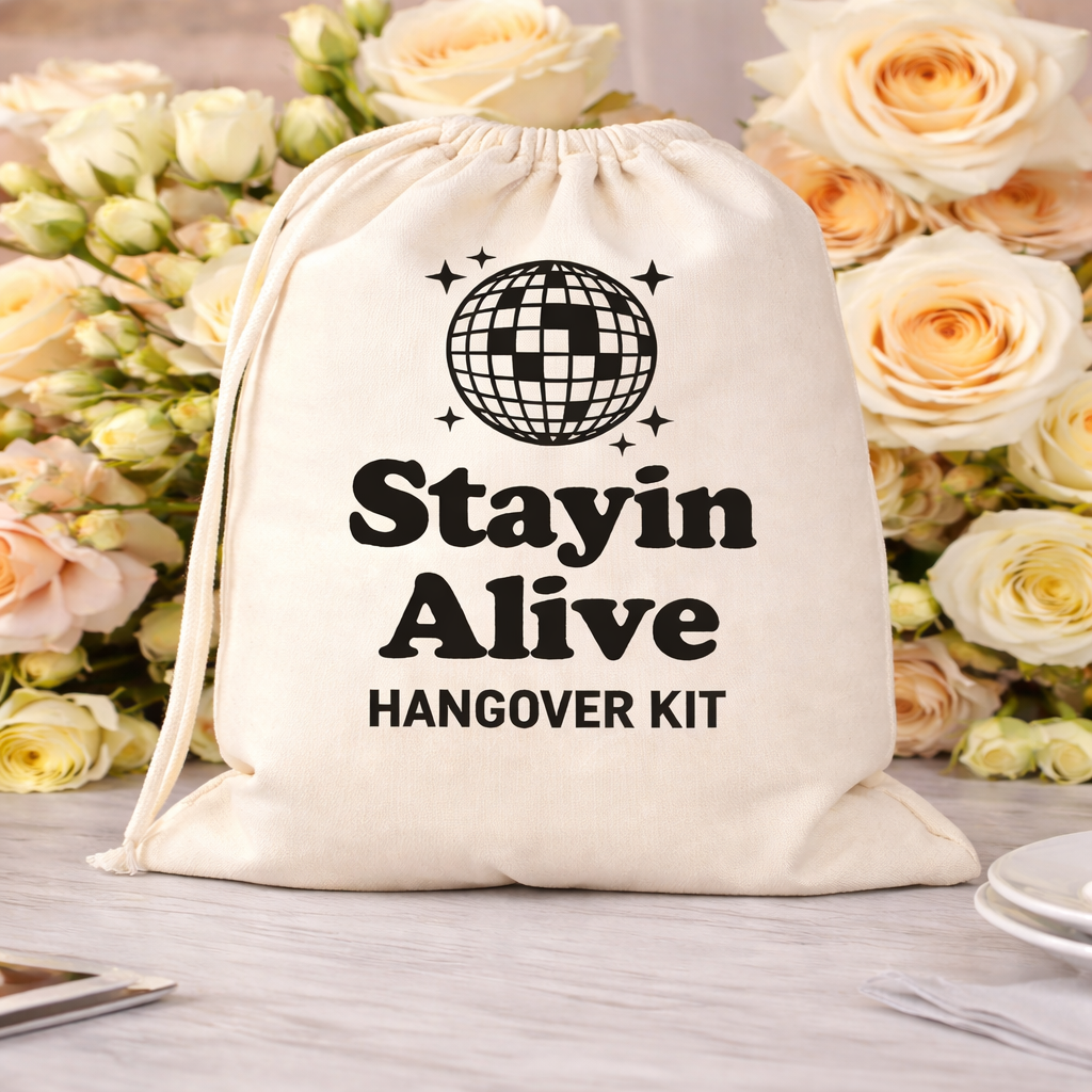 Funny Favor Bags for Wedding, Shower, Bachelorette -Stayin Alive Hangover Kit bags, Drawstring Bag, (Pack of 12)